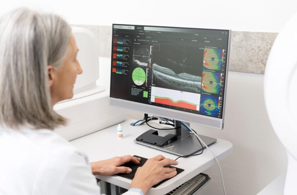 An optometrist evaluates the results of a patient's OCT scans.