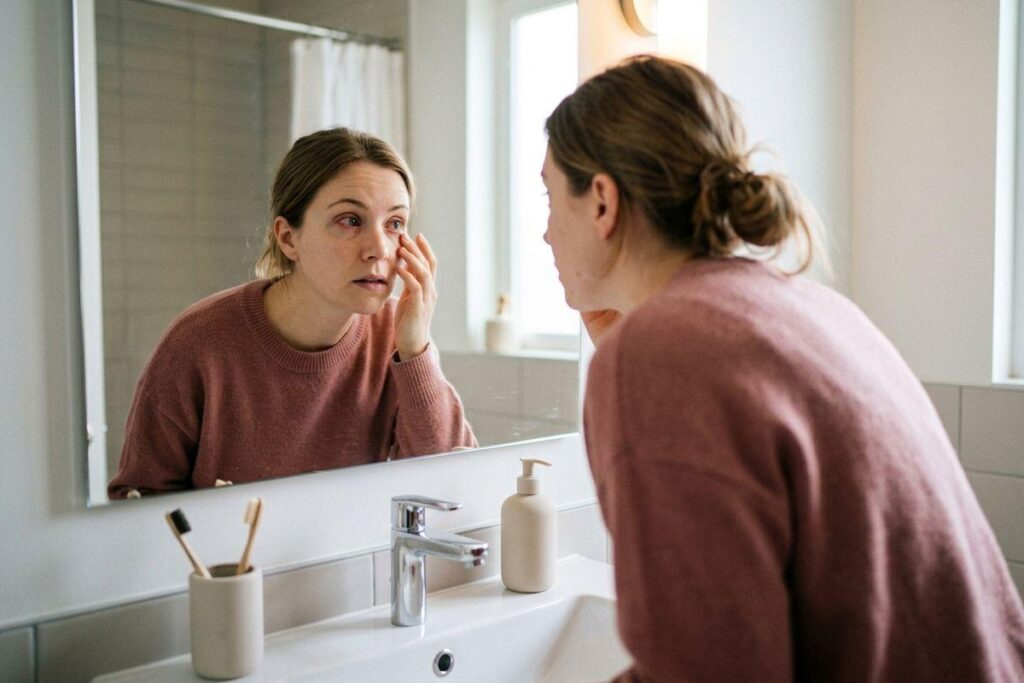 A concerned adult looking in a bathroom mirror, using a finger to pull down the skin under their visibly red eye.
