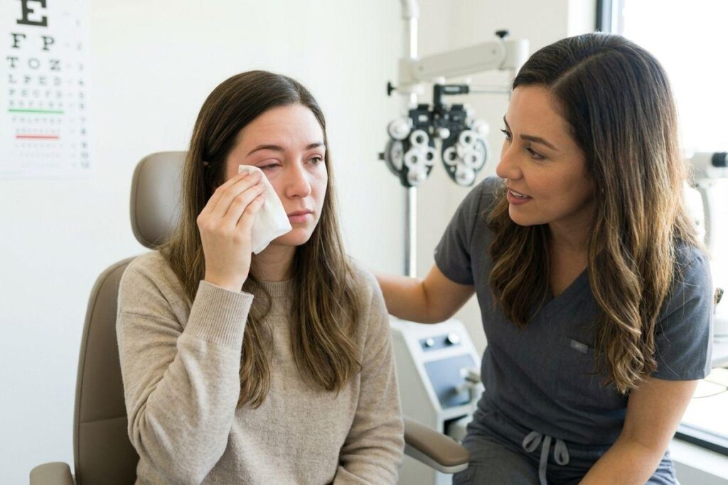 An adult in an eye exam room dabs their eye with a tissue while a concerned optometrist stands beside them with a hand on their shoulder.