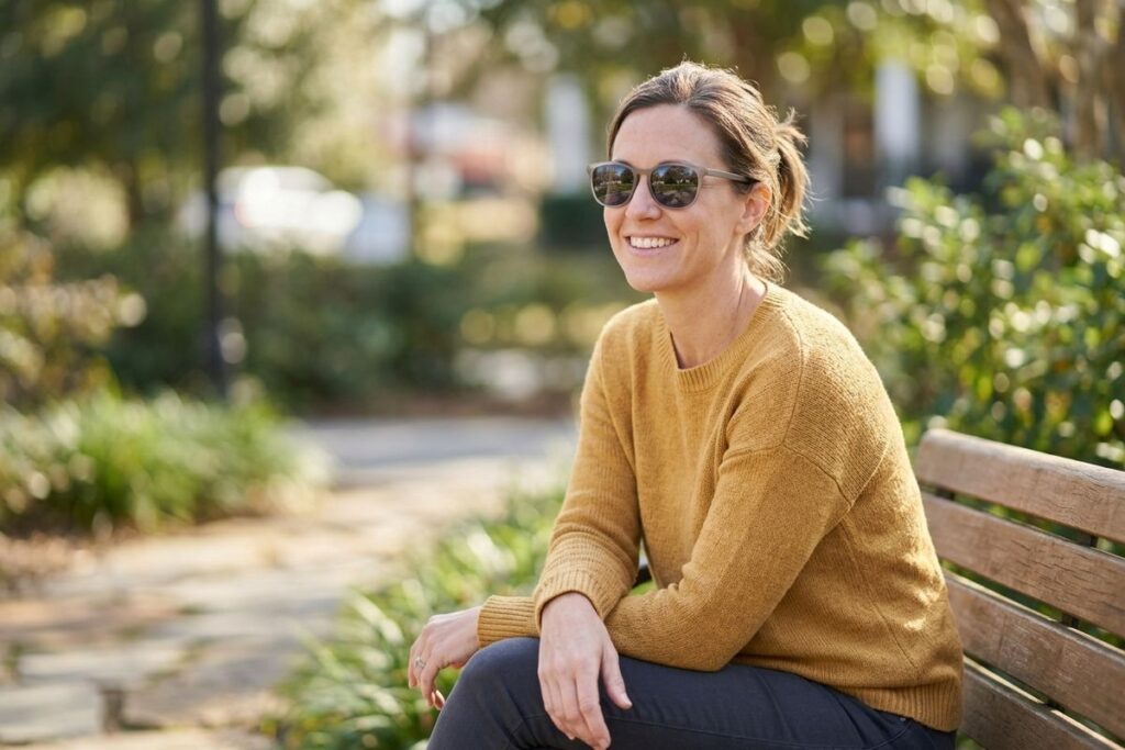 A smiling adult wearing sunglasses and a yellow sweater sits on a wooden bench outdoors in a sunny park setting.
