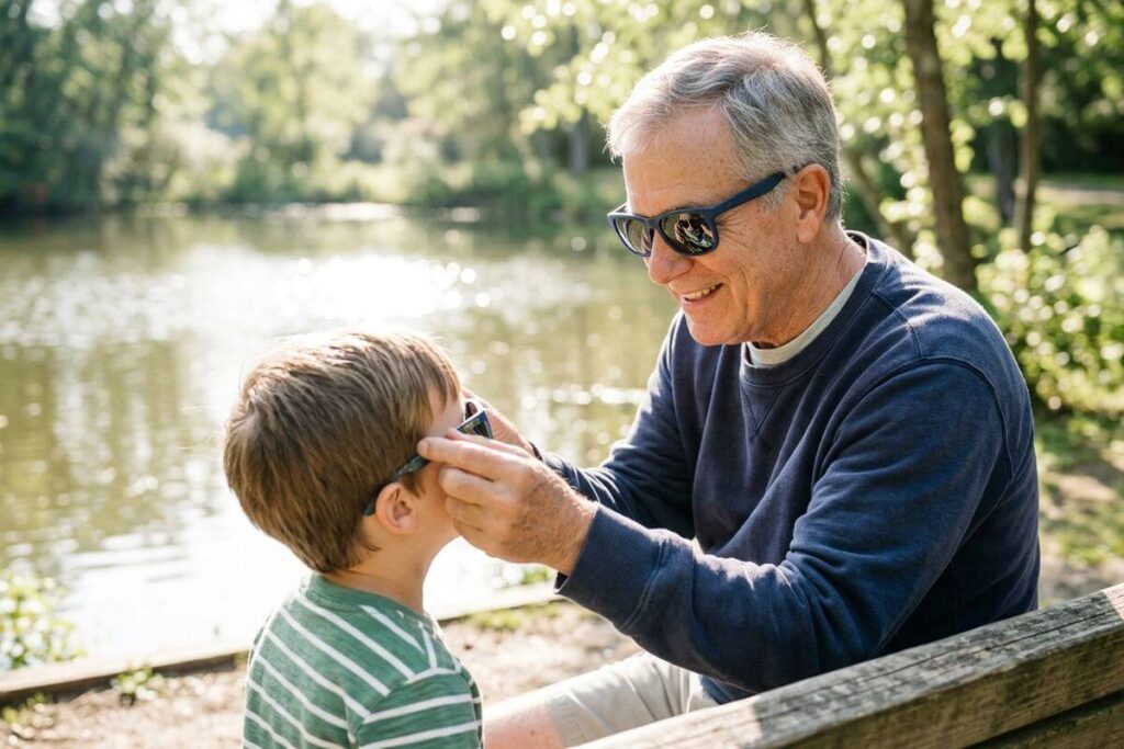 A smiling older adult wearing sunglasses sits on a bench by a lake, putting a pair of sunglasses onto a child's face.