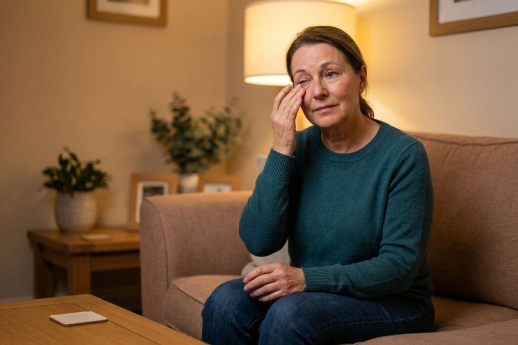 Adult in a green sweater sits on a sofa, rubbing one eye, in a dimly lit living room.