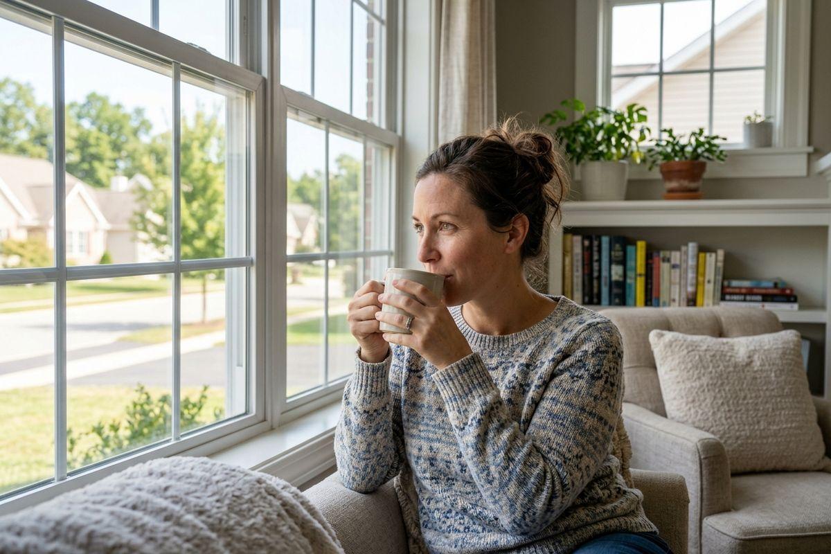 Adult sitting in an armchair by a large window, holding a mug to their lips and looking out at a residential street.