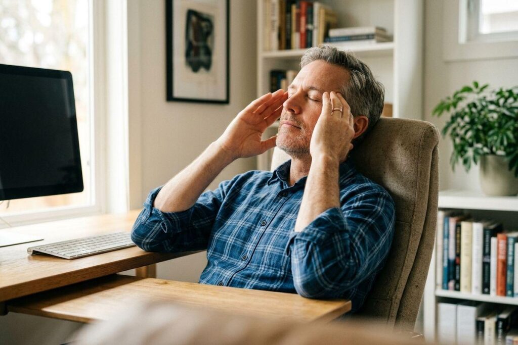 An adult sitting at a computer desk, leaning back with eyes closed and massaging their temples with both hands.