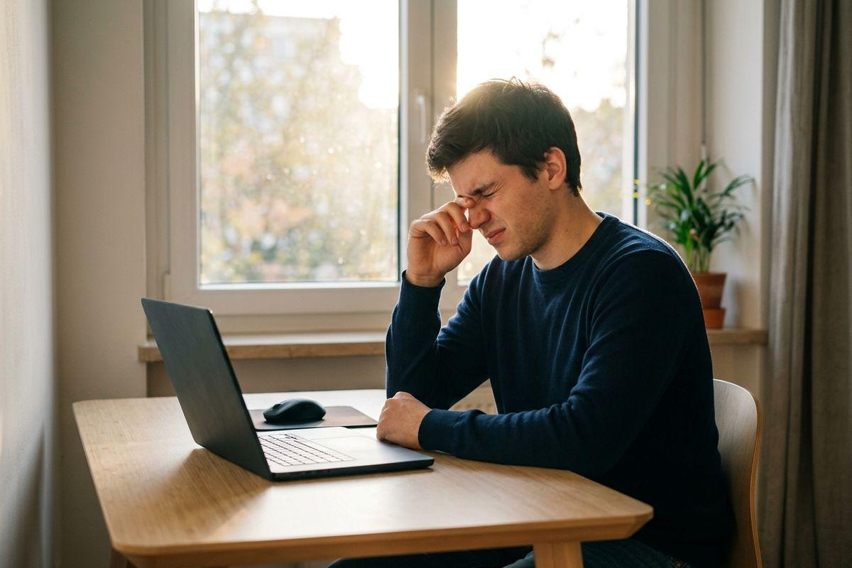 Person at a desk with a laptop, rubbing eyes with a pained expression, beside a bright window.