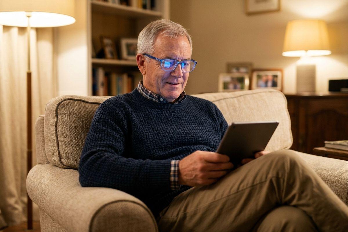 An older adult in glasses and a navy sweater sits on a sofa, reading a tablet in a warmly lit living room.