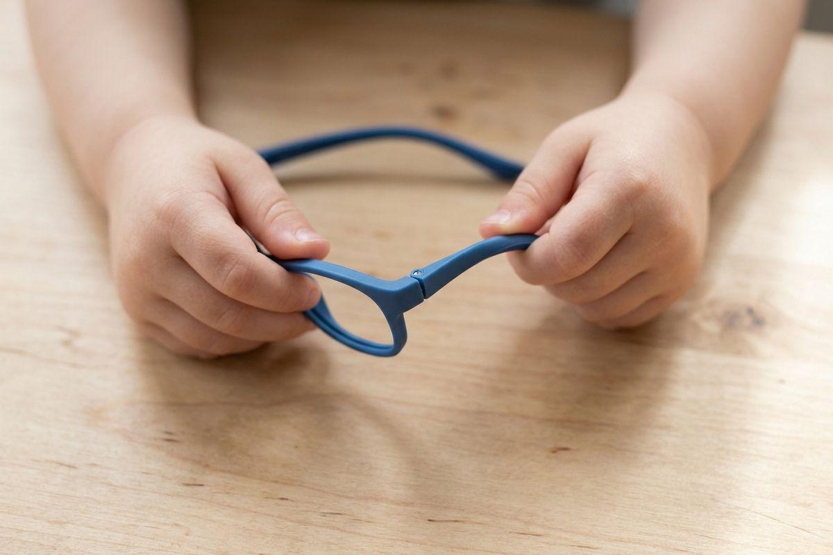 Child's hands bending the arm of flexible blue eyeglass frames over a wooden table